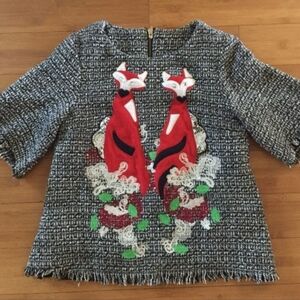 Gray Tweed Top w/ Applique Detail Red Foxes Women's Size XS/S